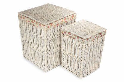 Square White Wash Laundry Hamper with Garden Rose Lining Set 2