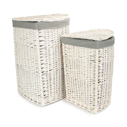 White Wash Willow Corner Laundry Hamper with Grey Sage Lining Set 2