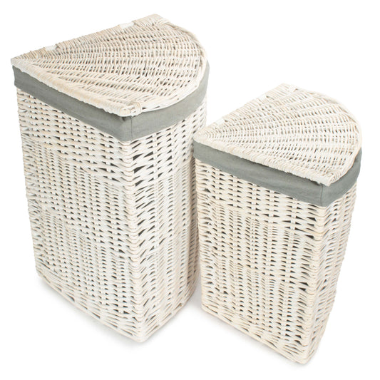White Wash Willow Corner Laundry Hamper with Grey Sage Lining Set 2