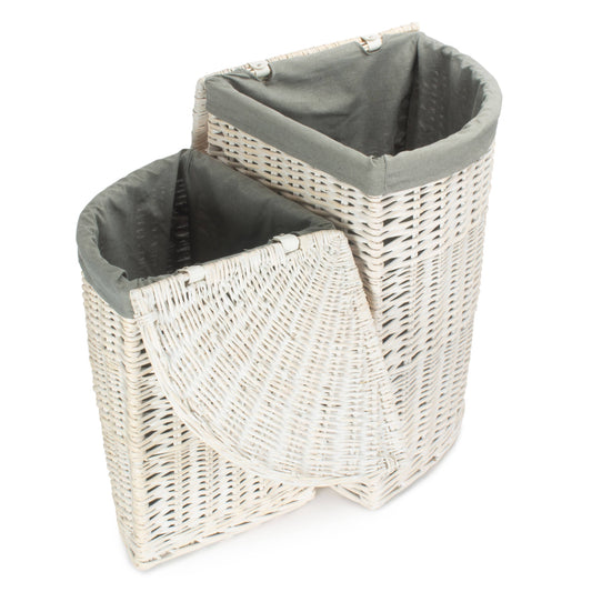 White Wash Willow Corner Laundry Hamper with Grey Sage Lining Set 2