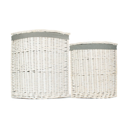 White Wash Willow Corner Laundry Hamper with Grey Sage Lining Set 2
