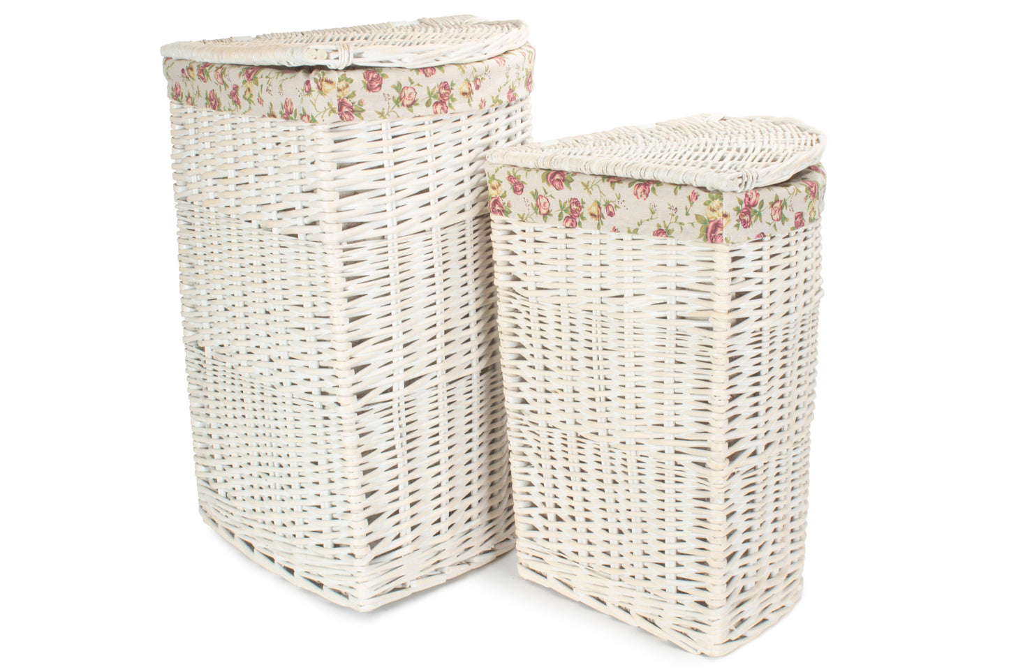 White Wash Willow Corner Laundry Hamper with Garden Rose Lining Set 2