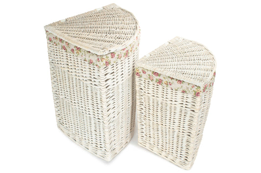 White Wash Willow Corner Laundry Hamper with Garden Rose Lining Set 2