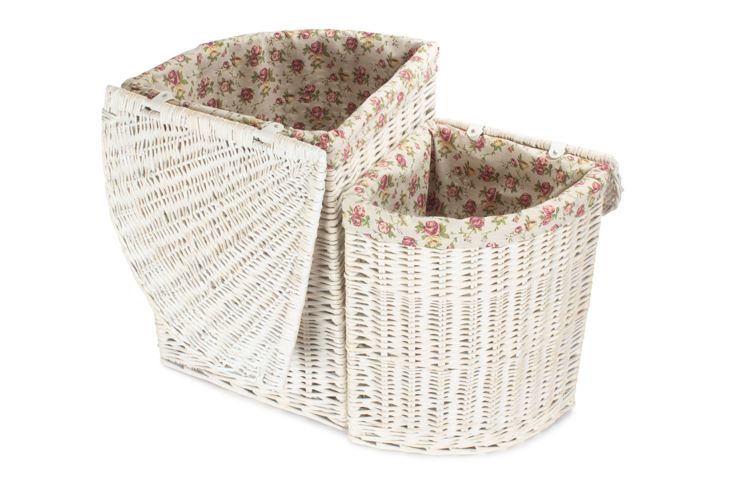 White Wash Willow Corner Laundry Hamper with Garden Rose Lining Set 2