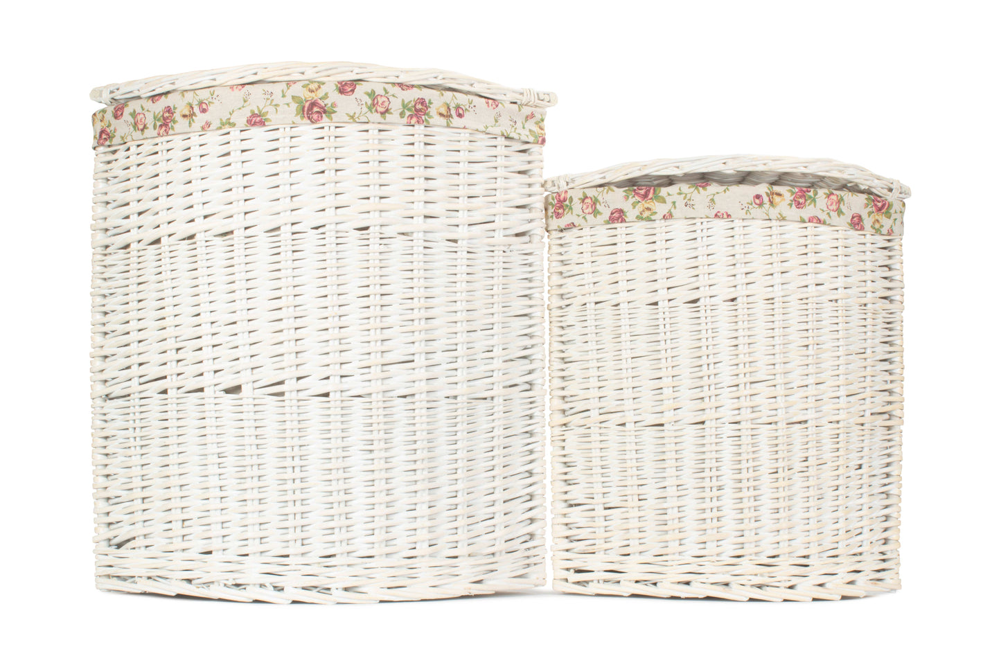 White Wash Willow Corner Laundry Hamper with Garden Rose Lining Set 2