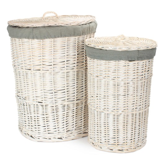 White Wash Willow Round Laundry Hamper with Grey Sage Lining Set 2