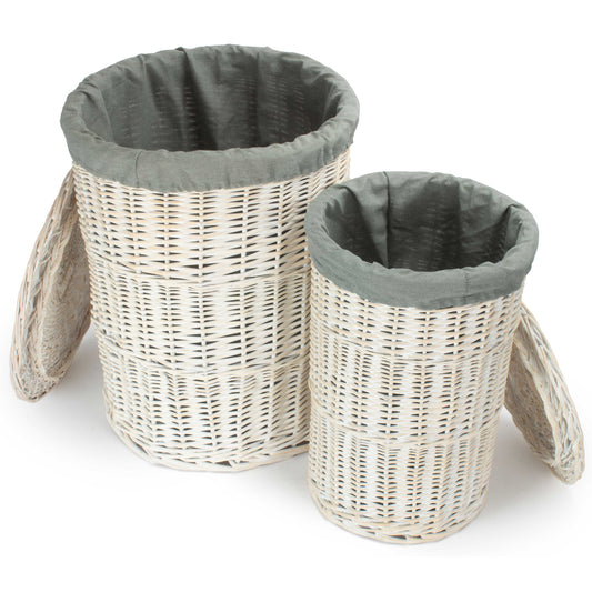 White Wash Willow Round Laundry Hamper with Grey Sage Lining Set 2