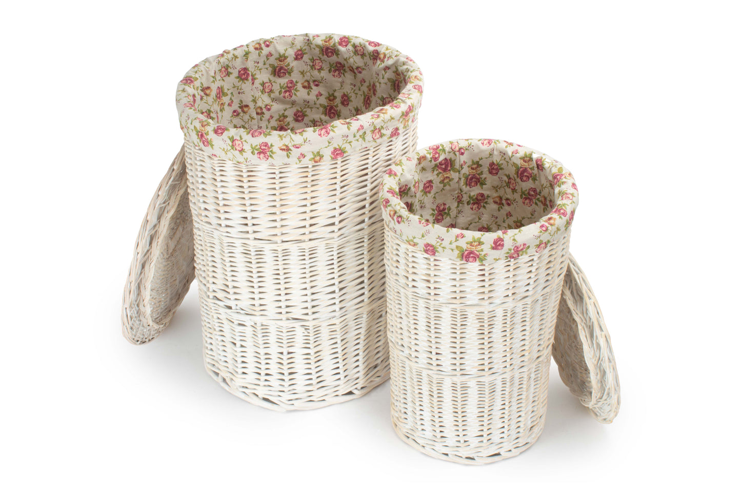 White Wash Willow Round Laundry Hamper with Garden Rose Lining Set 2