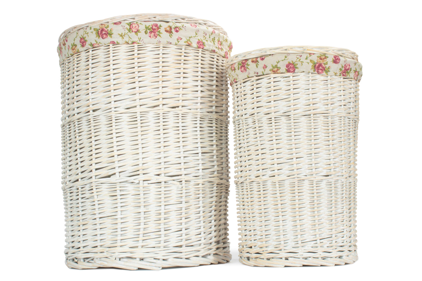 White Wash Willow Round Laundry Hamper with Garden Rose Lining Set 2