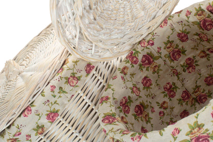White Wash Willow Round Laundry Hamper with Garden Rose Lining Set 2