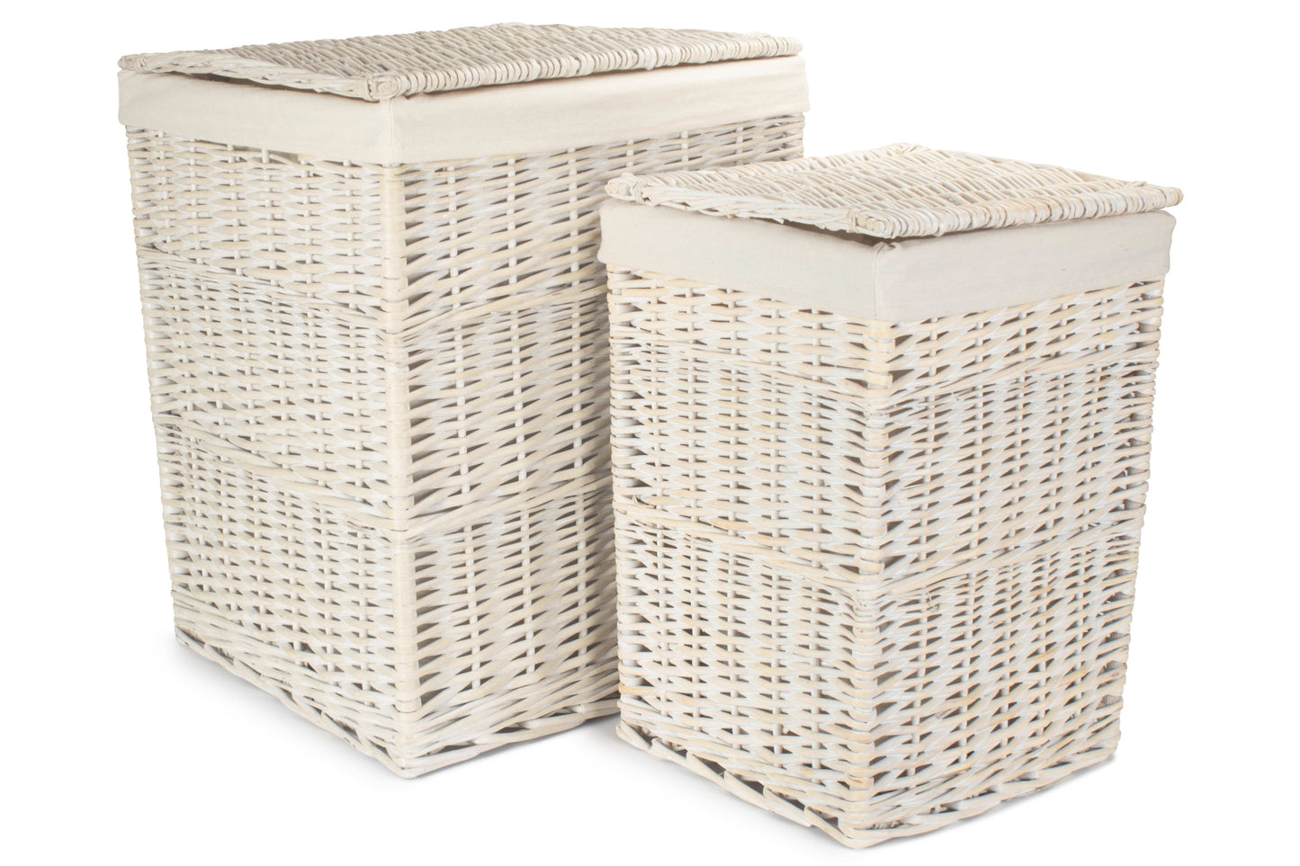 White Wash Willow Square Laundry Hamper with White Lining Set 2