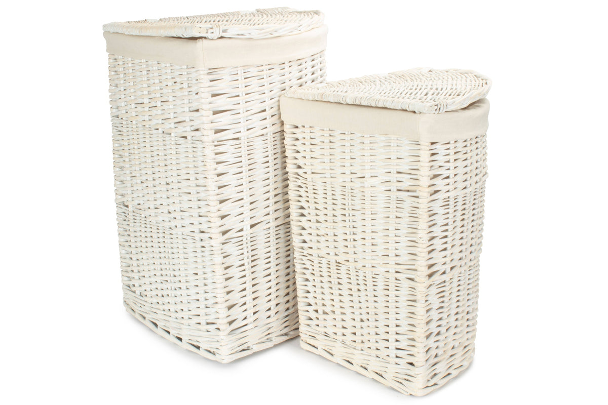 White Wash Willow Corner Linen Basket with White Lining Set 2