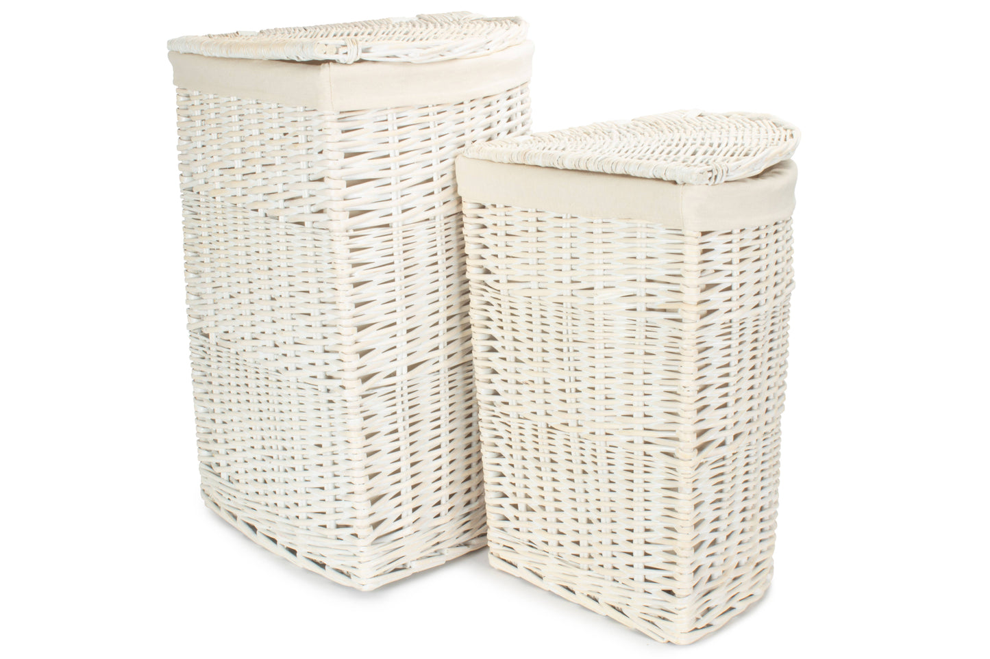 White Wash Willow Corner Linen Basket with White Lining Set 2