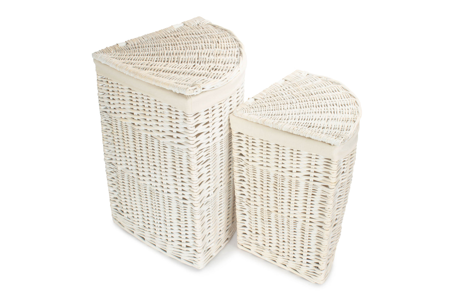 White Wash Willow Corner Linen Basket with White Lining Set 2