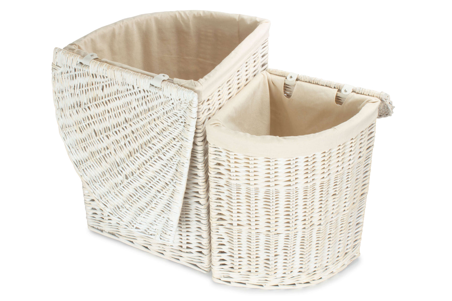 White Wash Willow Corner Linen Basket with White Lining Set 2