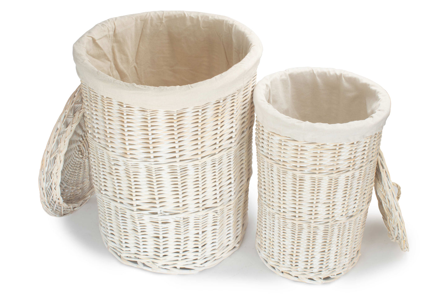 White Wash Willow Round Laundry Hamper with White Lining Set 2