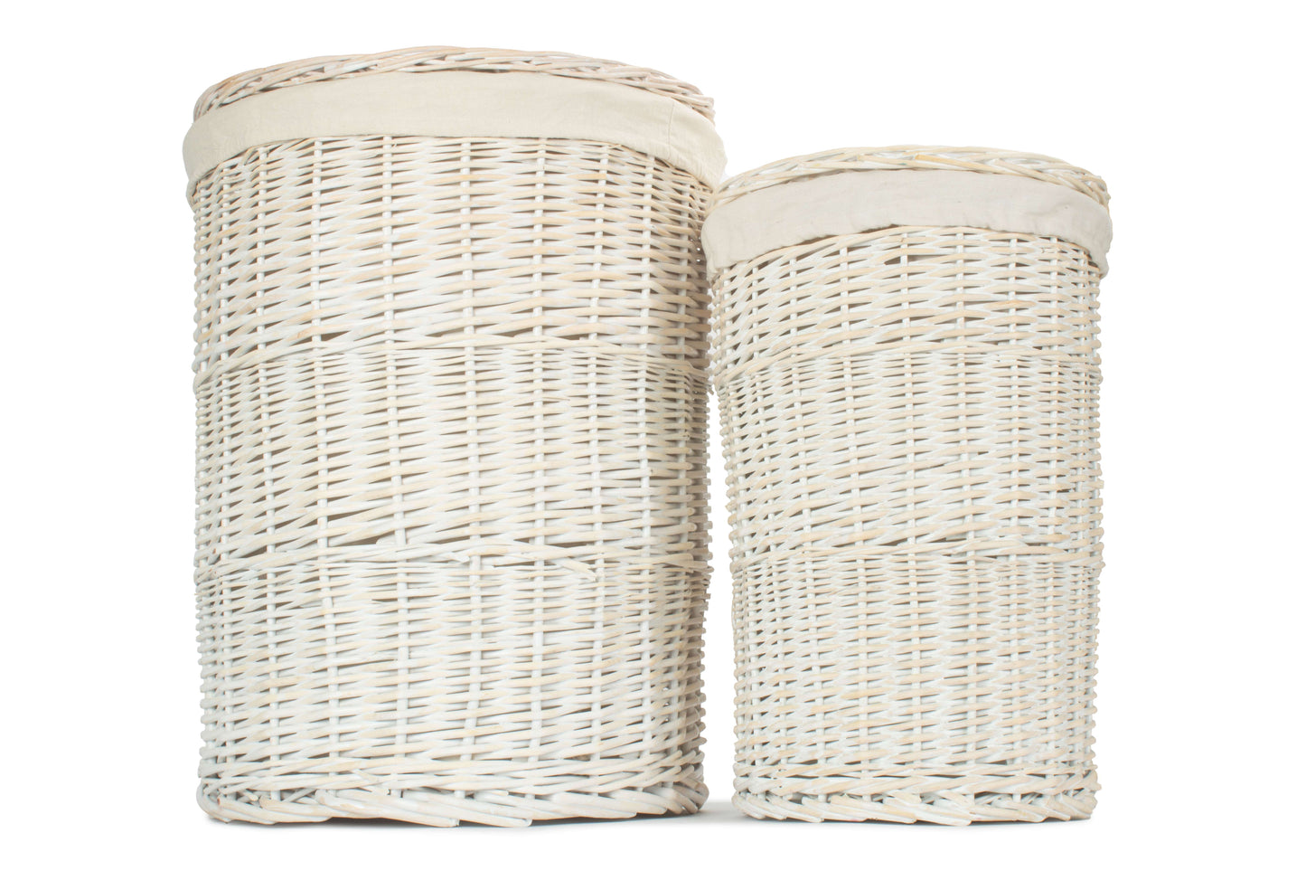 White Wash Willow Round Laundry Hamper with White Lining Set 2