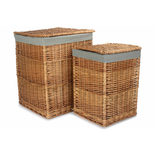 Light Steamed Willow Square Laundry Basket with Grey Sage Lining Set 2