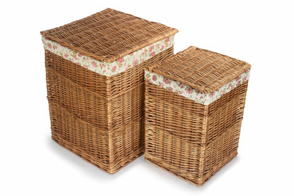 Light Steamed Willow Square Laundry Basket with Garden Rose Set 2