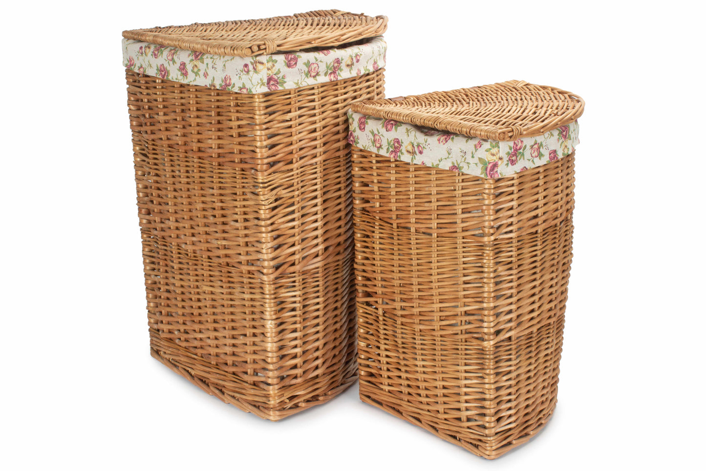 Light Steamed Willow Corner Linen Basket with Garden Rose Lining Set 2