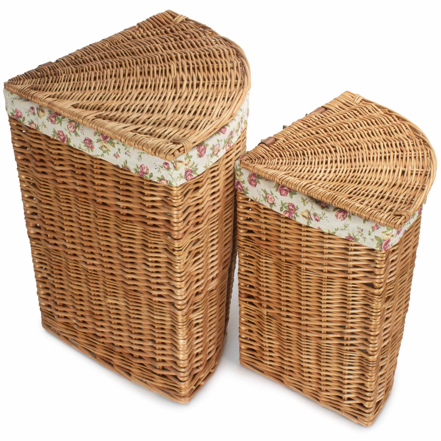 Light Steamed Willow Corner Linen Basket with Garden Rose Lining Set 2