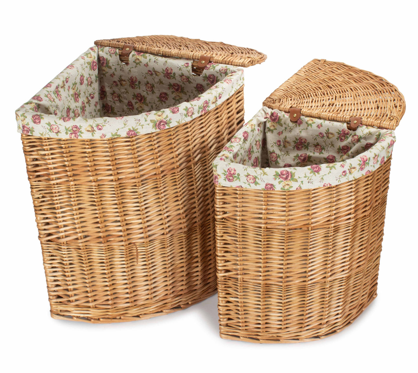 Light Steamed Willow Corner Linen Basket with Garden Rose Lining Set 2