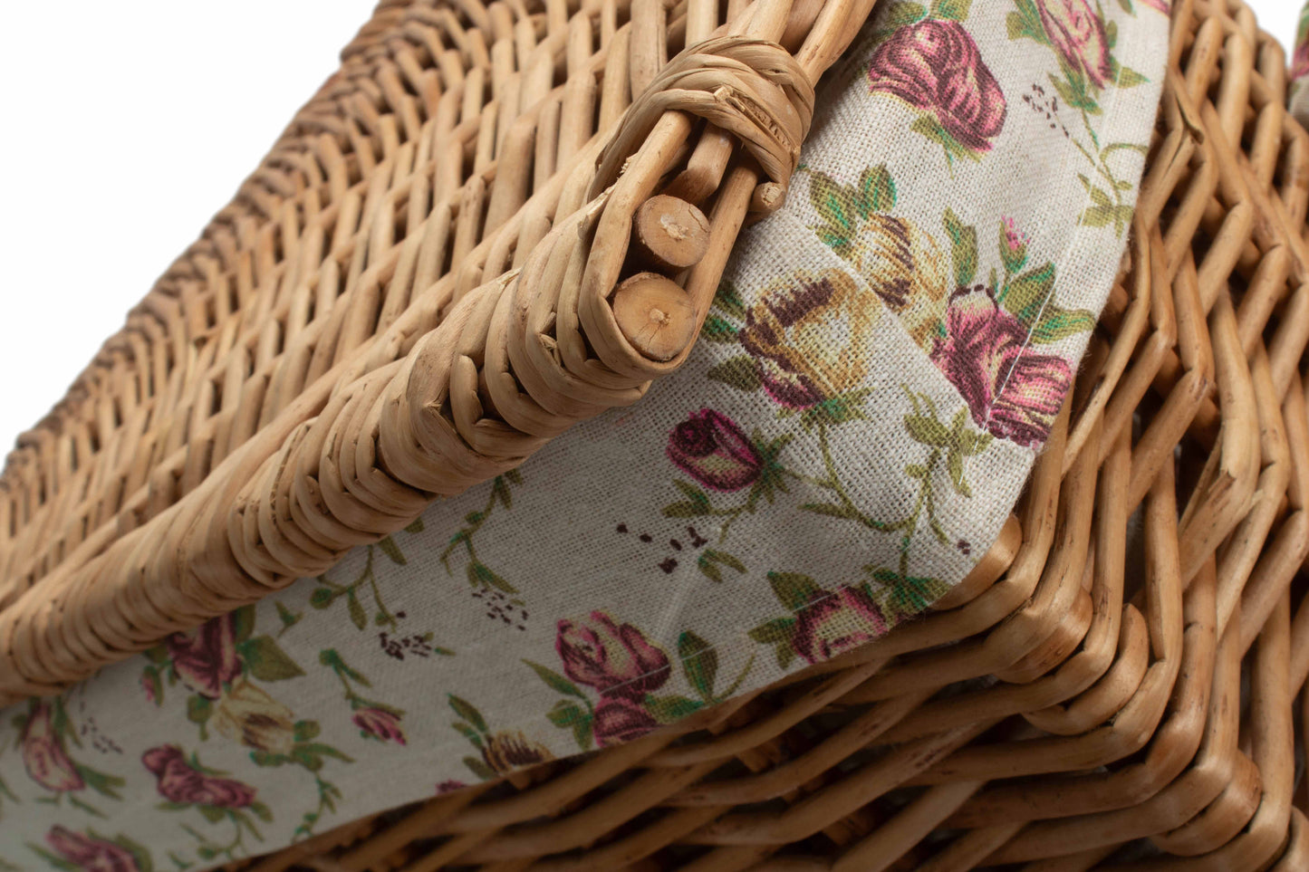 Light Steamed Willow Corner Linen Basket with Garden Rose Lining Set 2