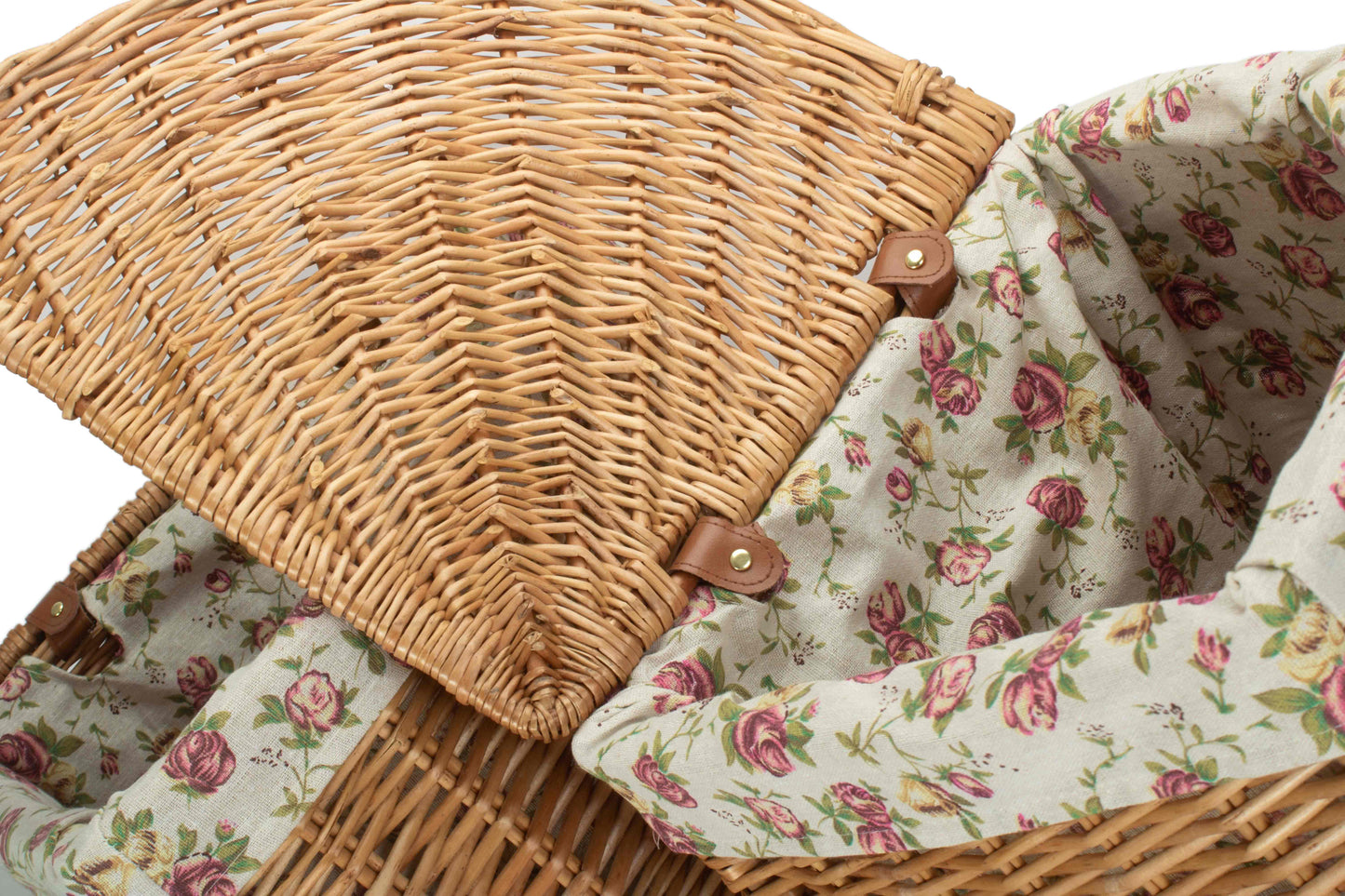 Light Steamed Willow Corner Linen Basket with Garden Rose Lining Set 2