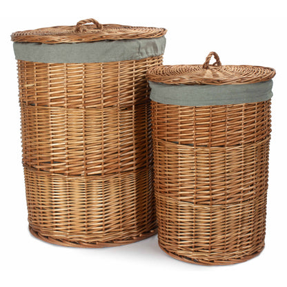 Light Steamed Willow Round Linen Basket with Grey Sage Lining Set 2