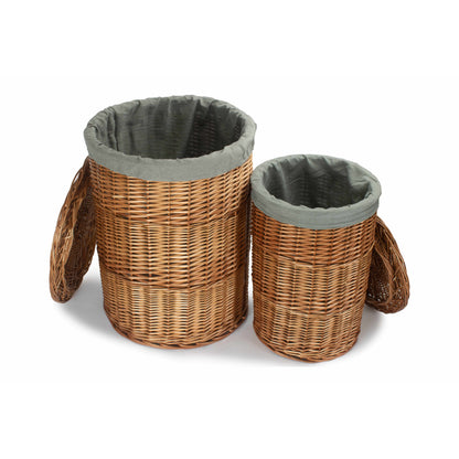 Light Steamed Willow Round Linen Basket with Grey Sage Lining Set 2