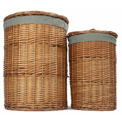 Light Steamed Willow Round Linen Basket with Grey Sage Lining Set 2