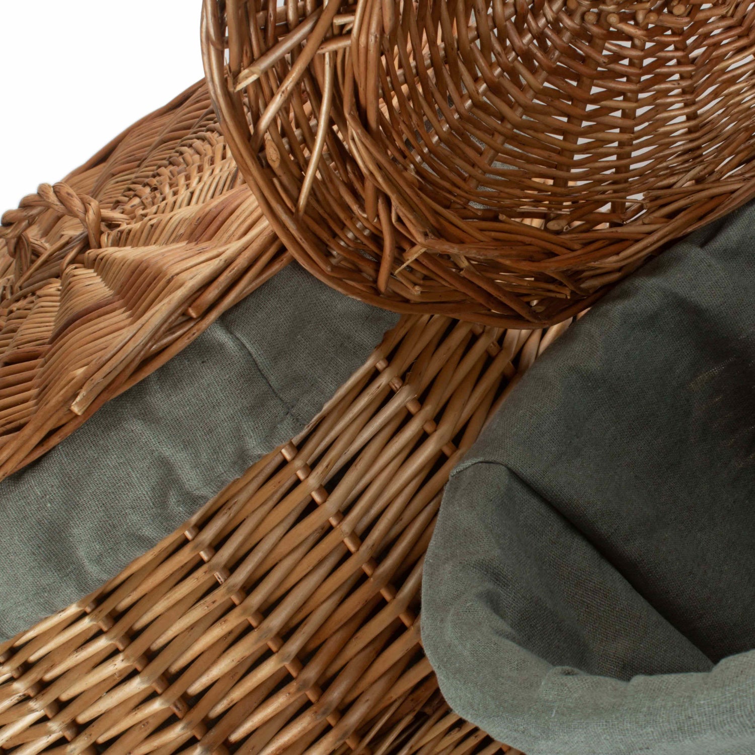 Light Steamed Willow Round Linen Basket with Grey Sage Lining Set 2