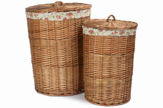 Light Steamed Willow Round Linen Basket with Garden Rose Lining Set 2