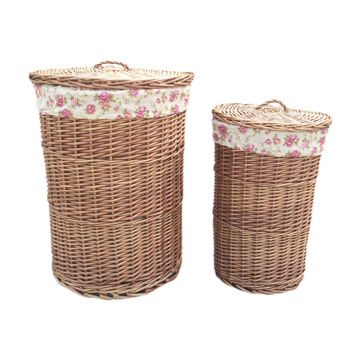 Light Steamed Round Linen Basket With Garden Rose Lining Set 2