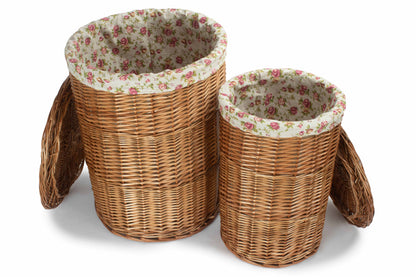 Light Steamed Willow Round Linen Basket with Garden Rose Lining Set 2
