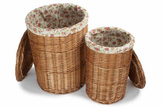 Light Steamed Willow Round Linen Basket with Garden Rose Lining Set 2