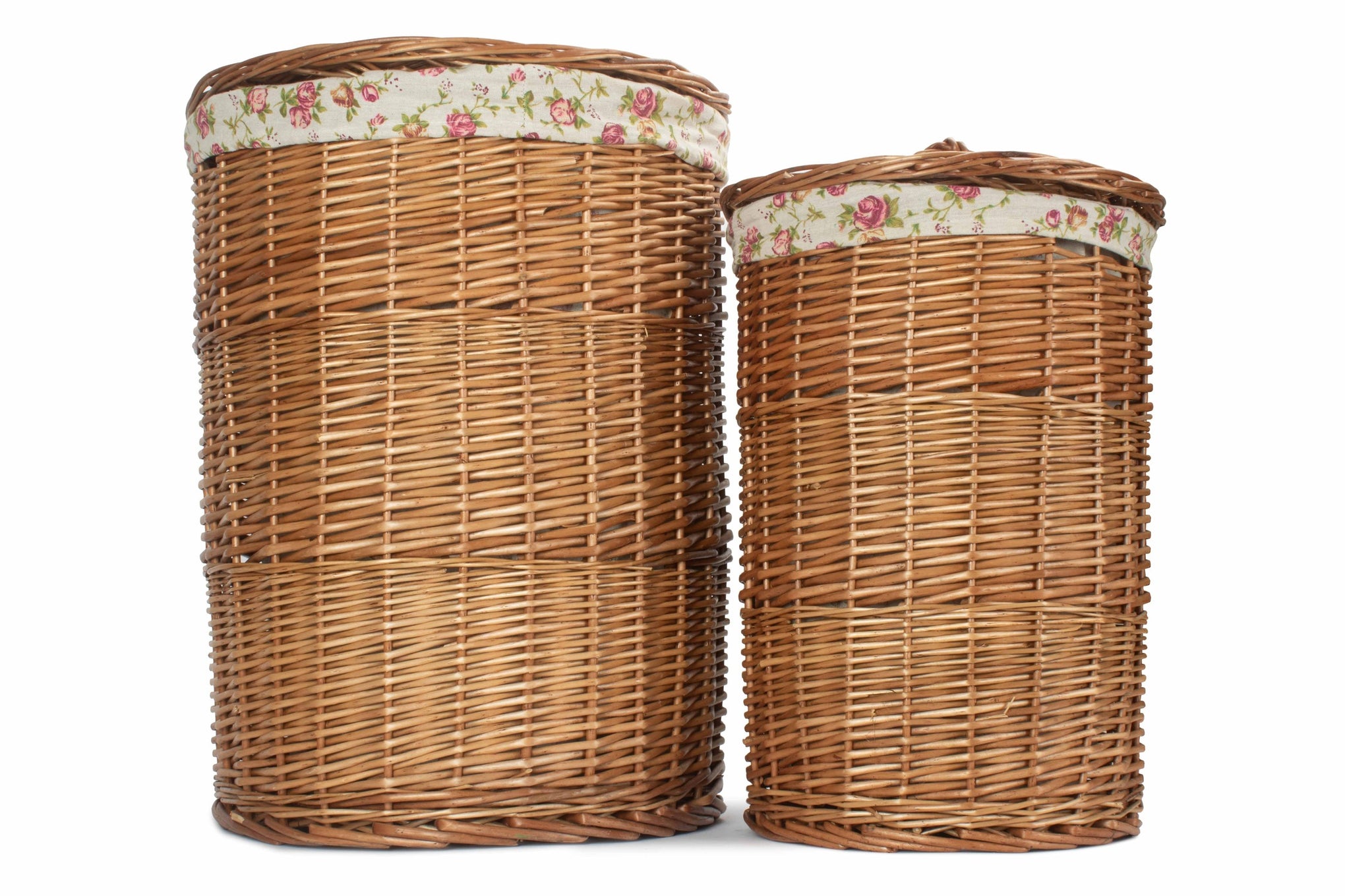 Light Steamed Willow Round Linen Basket with Garden Rose Lining Set 2