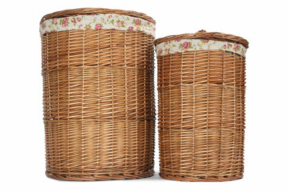 Light Steamed Willow Round Linen Basket with Garden Rose Lining Set 2