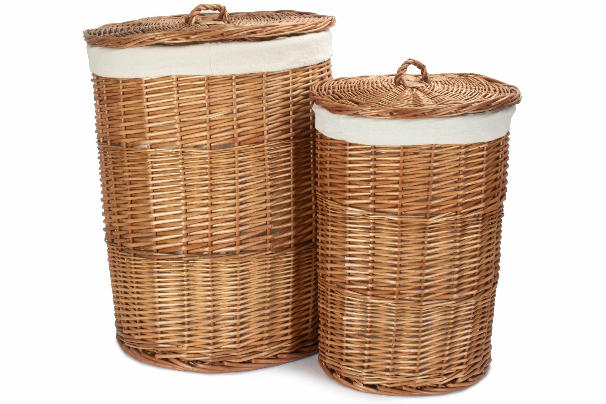 Light Steamed Willow Round Linen Basket with White Lining Set 2