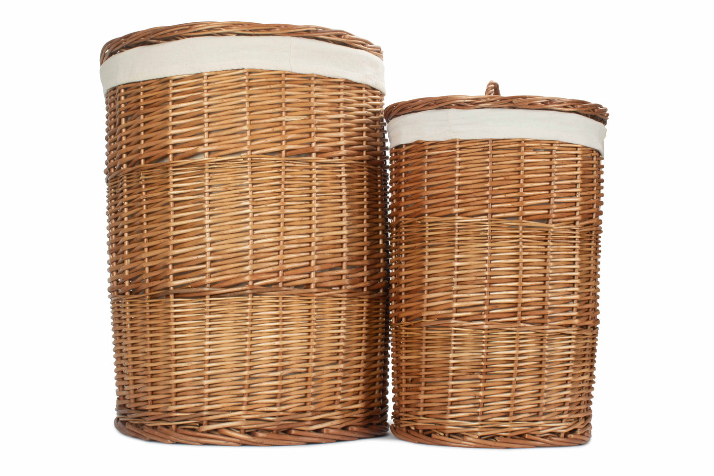 Light Steamed Willow Round Linen Basket with White Lining Set 2