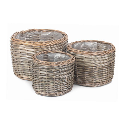Round Antique Wash Lined Willow Planter Set 3