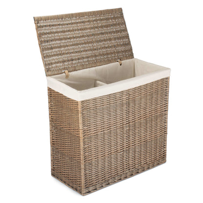 Antique Wash Willow Double Compartment Rectangular Partitioned Laundry Basket