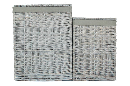 Grey Wash Willow Square Laundry Basket with Grey Sage Lining Set of 2