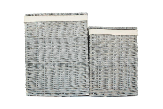Grey Wash Willow Square Laundry Basket with White Lining Set of 2