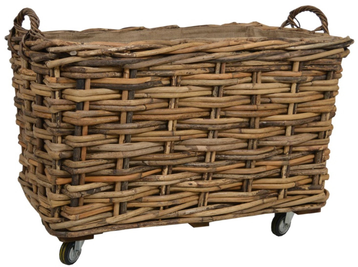 Wovenhill Bamboo Rattan Rectangle Storage Log Basket with Wheels and Hoop Handles