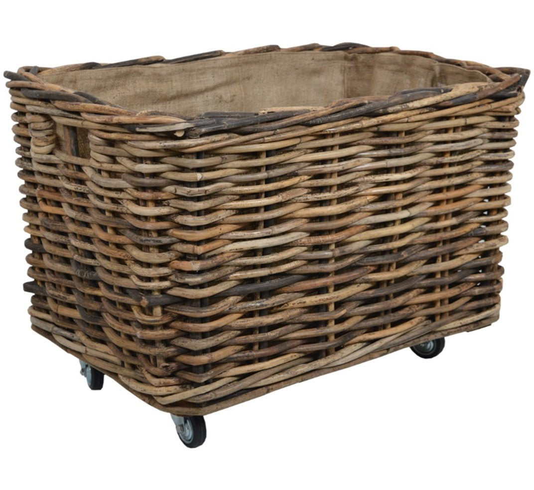 Wovenhill Bamboo Rattan Rectangular Storage Log Basket with Wheels