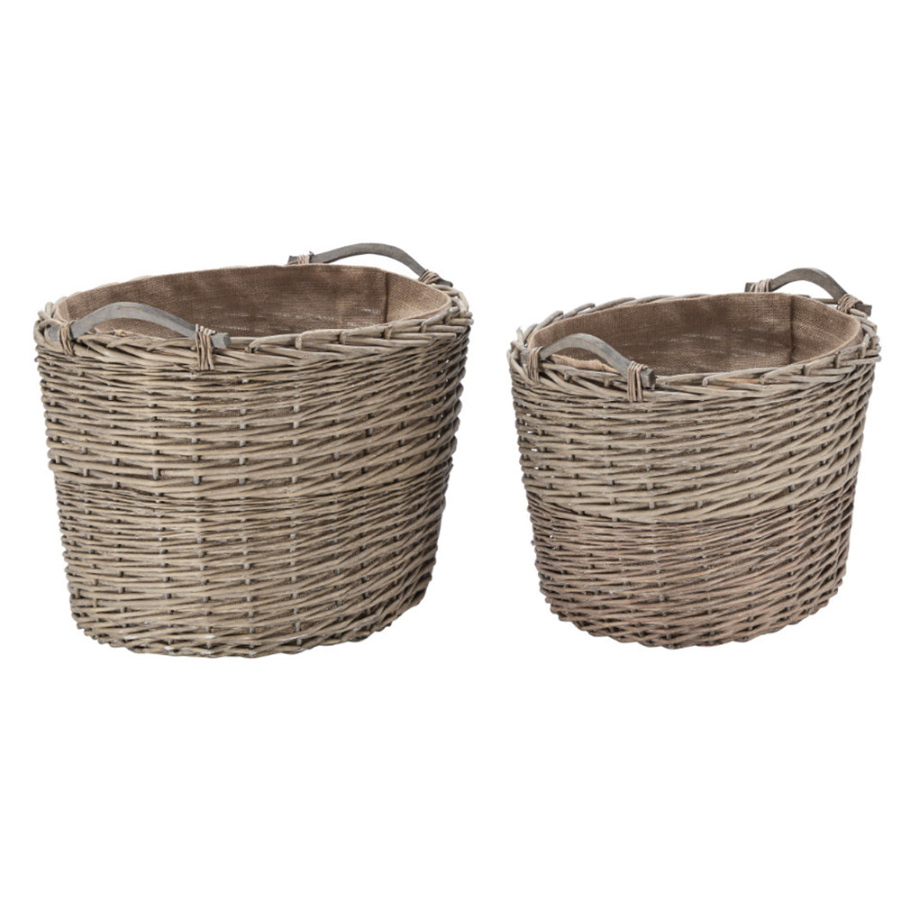 Wovenhill Oval Grey Wash Log Basket with Wooden Handles