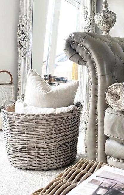 Wovenhill Oval Grey Wash Log Basket with Wooden Handles