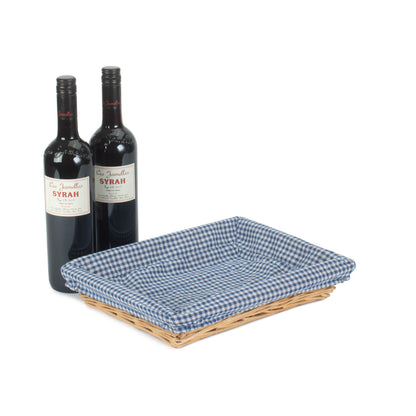 Rectangular Flat Split Willow Tray Basket with Blue & White Checked Lining