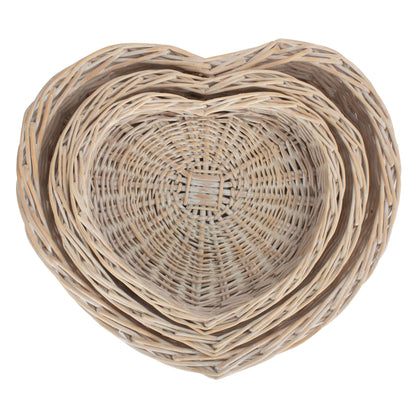 White Wash Heart Shaped Tray Basket Set 3